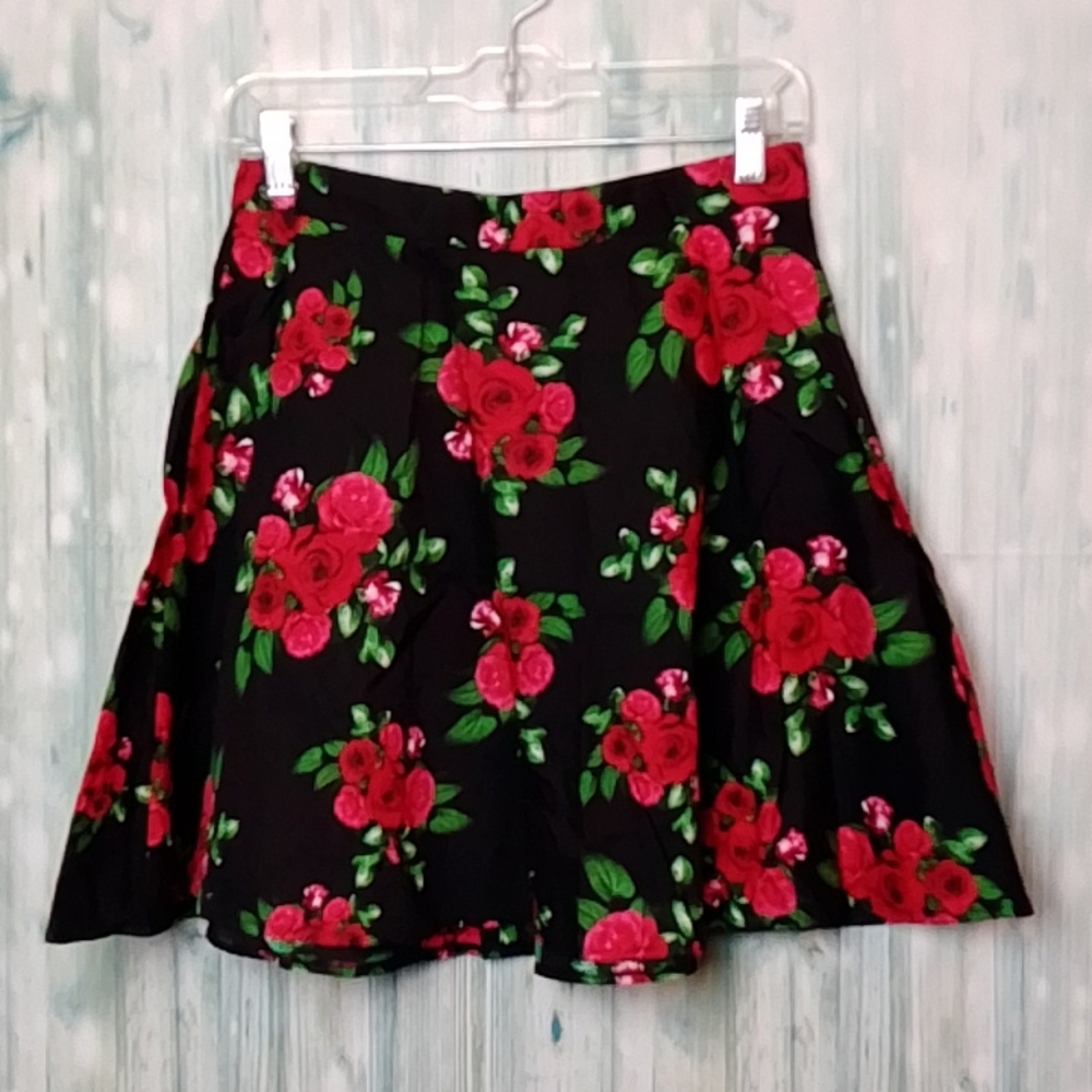 Hell Bunny Black Skater Skirt with Red and Green Floral Print
